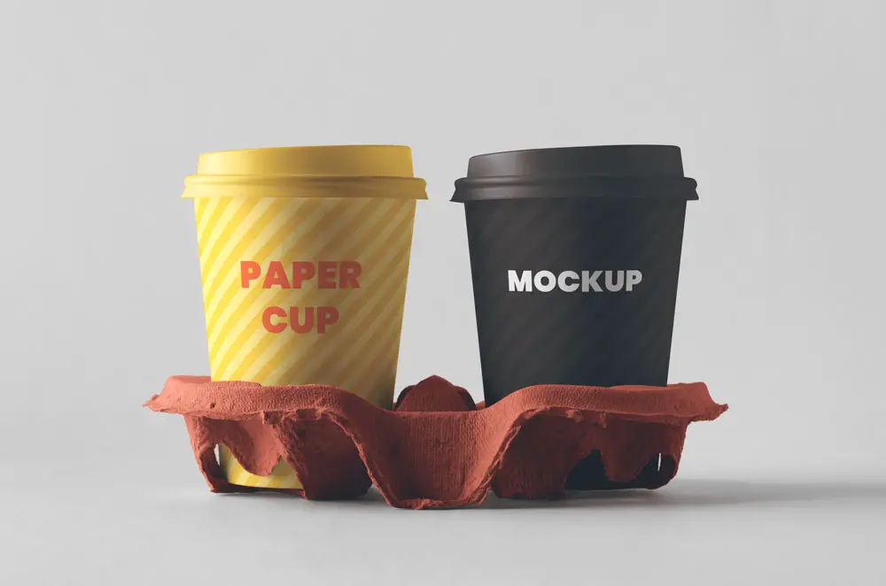 Read more about the article Two Paper Coffee Cups with Holder Free Mockup